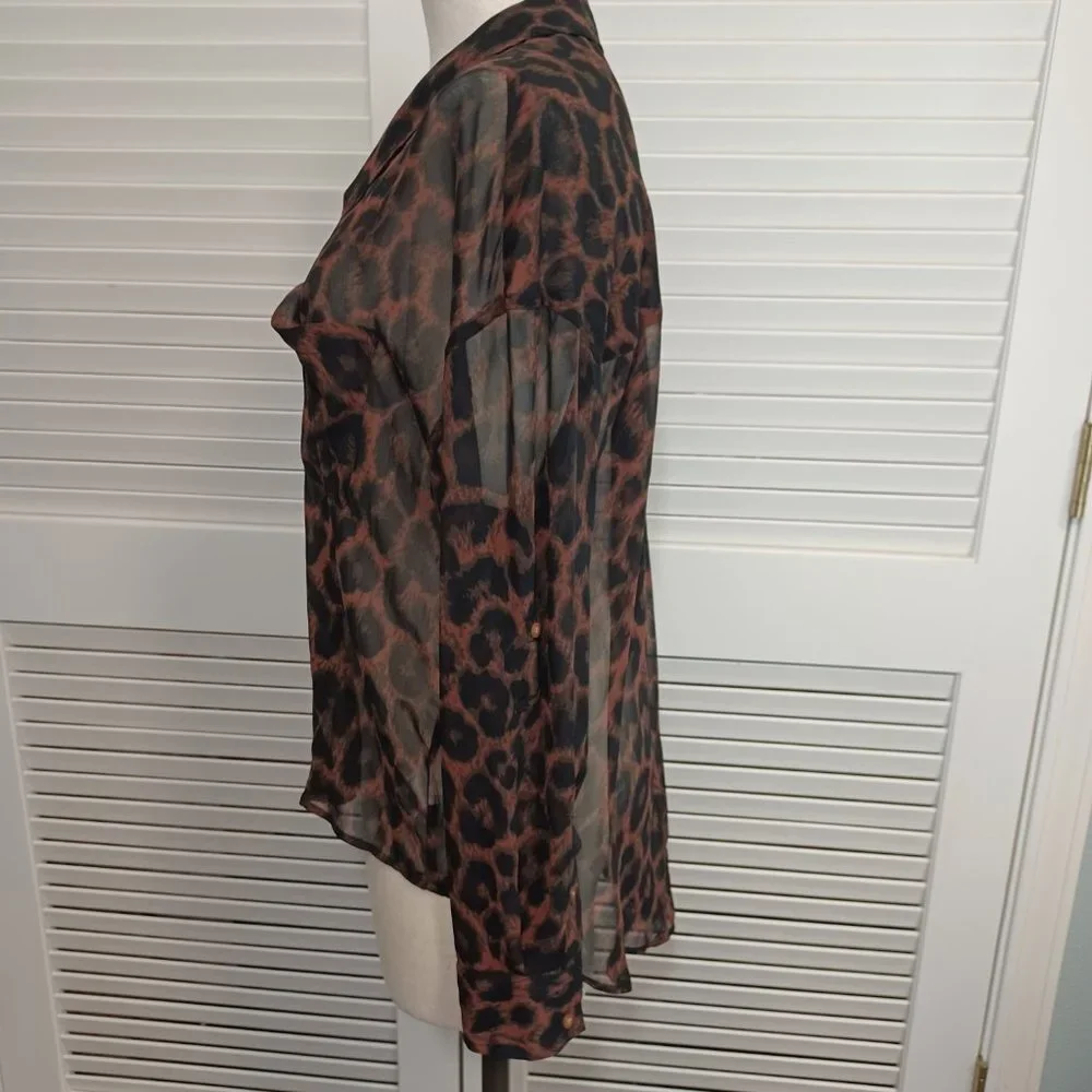 Free People Blouse Easy Rider Black Brown Leopard Print Chiffon Shirt Size Small